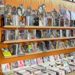 The racks at a record shop.