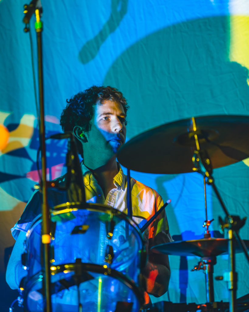 Drummer for Parquet Courts performing onstage in Brooklyn
